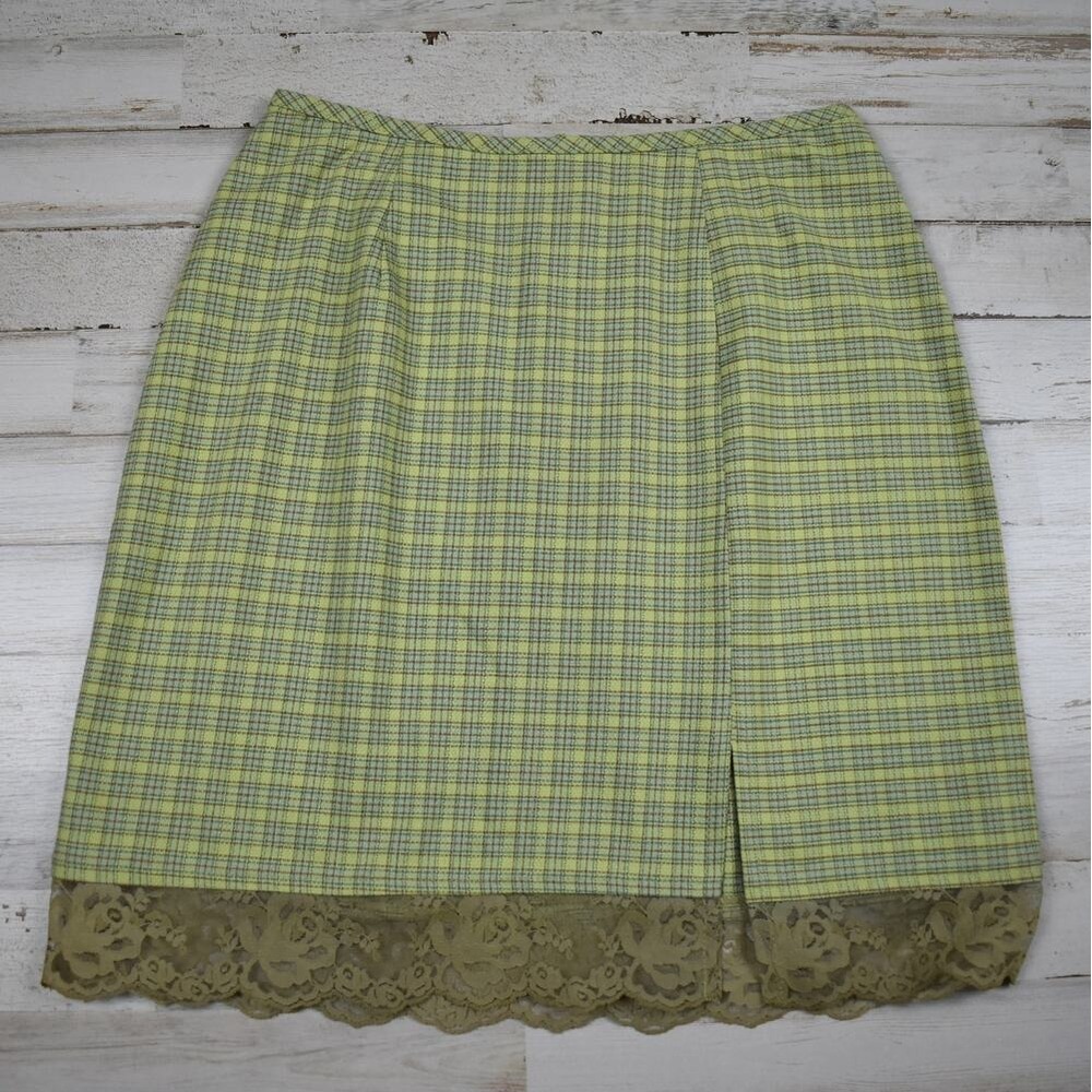 Plaid Mini Skirt Lace Trim Womens XS Green 90s VTG Schoolgirl Preppy Coquette